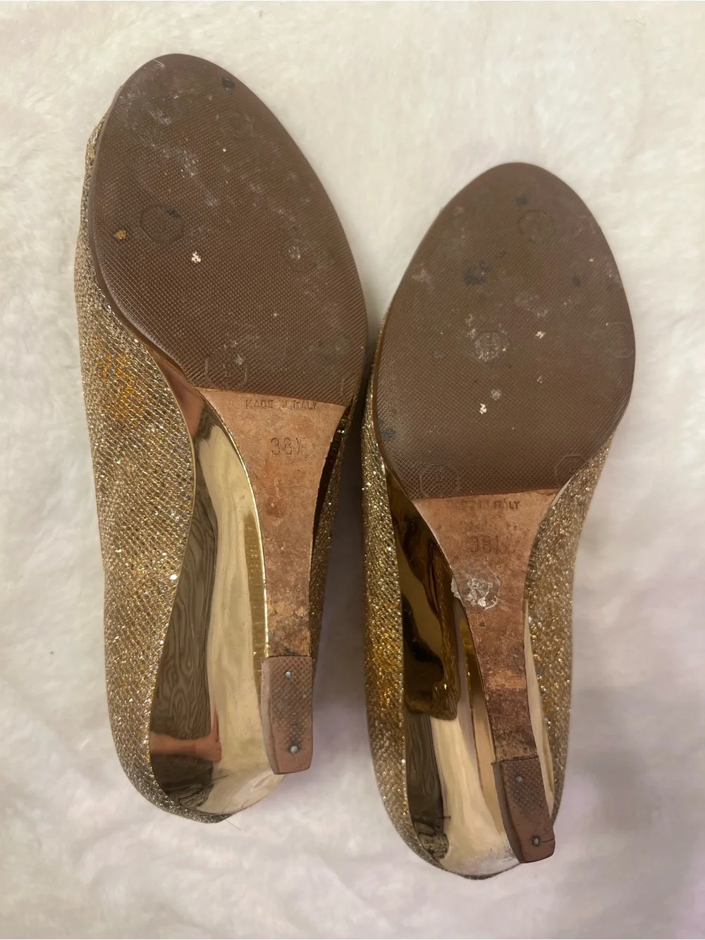 Jimmy Choo Gold Glitter Peep-Toe Wedge Pumps